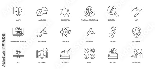 School Subjects Icon Set containing math, language, chemistry, physical education, biology, art, computer science, drawing, science, writing, music, geography, ICT, reading, vector icons