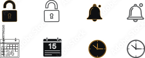 Professional organization and security icon set featuring open padlock notification bell calendar and analog clock symbols for scheduling