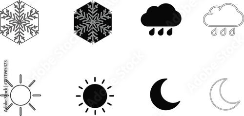 Comprehensive weather icon set featuring snowflake cloud with rain sun and crescent moon symbols for seasonal forecasting and climate apps