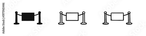 Museum gallery rope barrier stanchion icon set. Exhibit information sign stand, flat and hand-drawn doodle style.