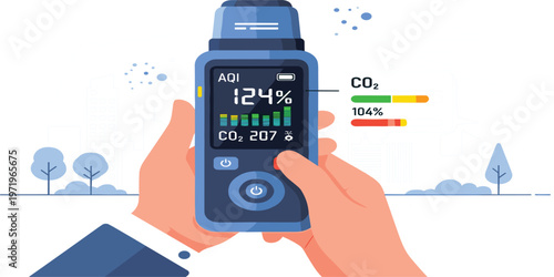 Air Quality Monitoring Device Illustration Showing AQI and CO2 Levels with Handheld Sensor for Environmental Pollution Control, Smart Technology and Health Safety Design