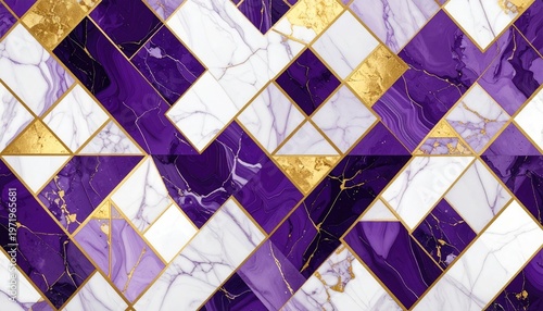 Geometric pattern with marble, gold accents, and deep purple hues