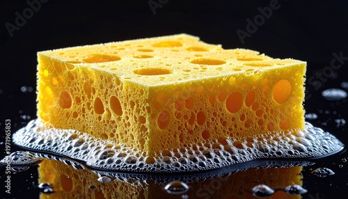 Bright yellow porous square sponge sits in soapy water, dark background