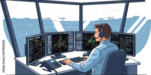 Air Traffic Controller Working at Radar Station with Multiple Screens Monitoring Aircraft for Aviation Safety, Airport Operations and Flight Navigation Illustration
