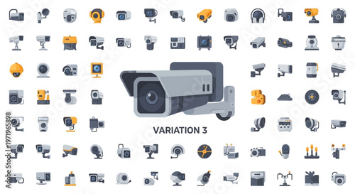 Collection of Security Camera Icons: Surveillance, CCTV, Monitoring Technology