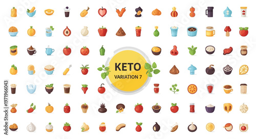 Keto Diet Food Icons Set: Healthy Low Carb Meals, Vegetables, Fruits, Drinks, and Desserts