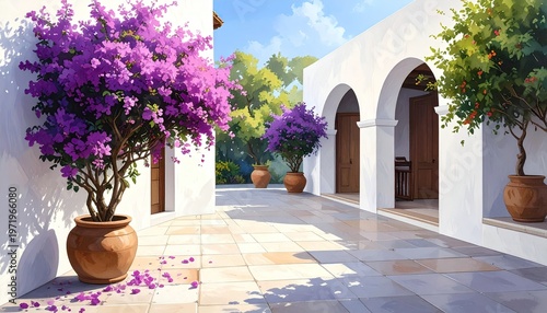 Sunny courtyard scene, bright whitewashed walls, purple blooms, terra cotta pots