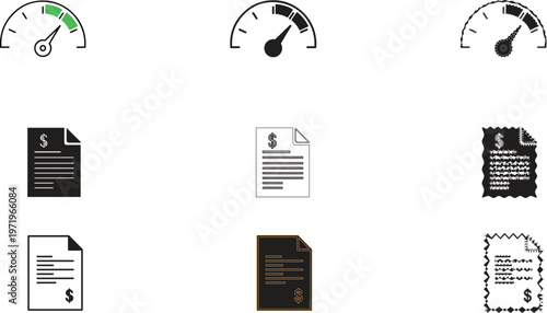 Financial document and performance icon set featuring credit score gauge invoices and receipt symbols in various styles