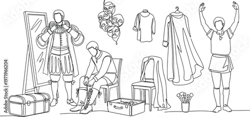 historic costume sketch, people getting dressed