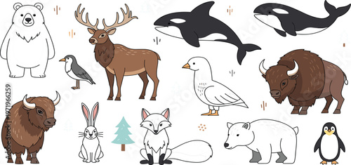 Arctic and Forest Animal Cartoon Set Featuring Polar Bear, Deer, Orca, Bison, Fox, Penguin and Rabbit for Wildlife Illustration and Nature Design Collection