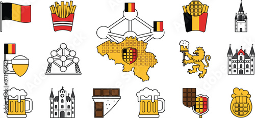 Valokuva Belgium Icon Set with Flag, Map, Waffles, Beer, Chocolate, Atomium and Landmarks