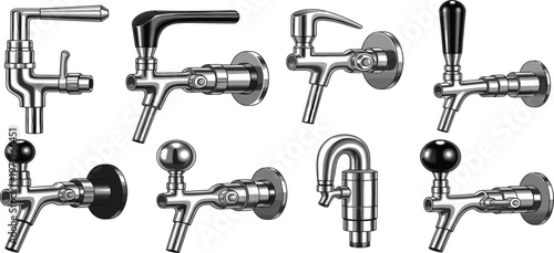Beer Tap Faucet Set with Draft Dispenser Handles in Realistic Metal Style for Brewery Equipment Design, Bar Illustration and Beverage Service Graphics