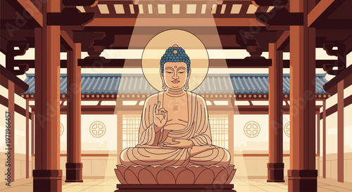 Buddha sits serenely on a lotus flower on a peaceful Day in a temple