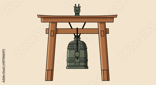 Buddha's serene Day under a traditional Japanese torii gate with hanging bell