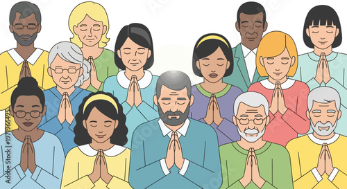 Diverse people pray with Buddha on a holy Day of gratitude and peace