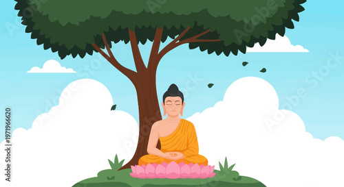 Buddha meditates under tree on a serene Day outdoors