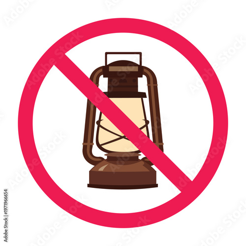 No oil lamp sign, oil lantern prohibited symbol, lighting restriction icon, forbidden sign with old vintage kerosene lamp icon, vector illustration
