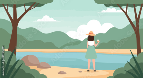 A serene woman meditates near Buddha statue on a peaceful Day by the lake