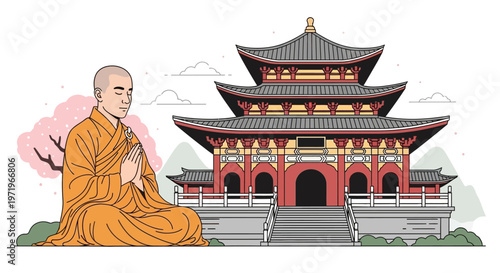 Buddha meditates peacefully on a serene Day in front of a temple