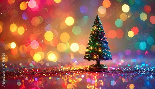 A miniature tree, glittering against a bokeh of festive lights