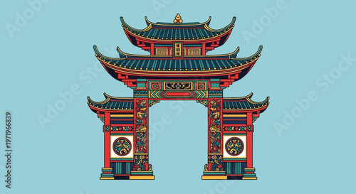 Buddha statues stand under a colorful temple gate on a sunny Day.