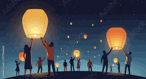 People releasing lanterns on a clear evening with Buddha Day