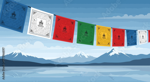 Buddha prayer flags hang on a mountain range on a sunny Day