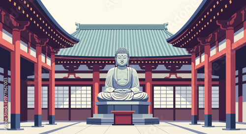 Buddha statue sits serenely under a temple on a peaceful Day