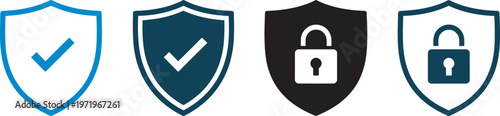 Security shield icon vector set, protective shield symbols with padlock and check mark, safety verification icons, editable scalable illustration