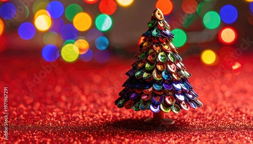 Tiny sequined tree sparkles on red glitter, bokeh lights in background