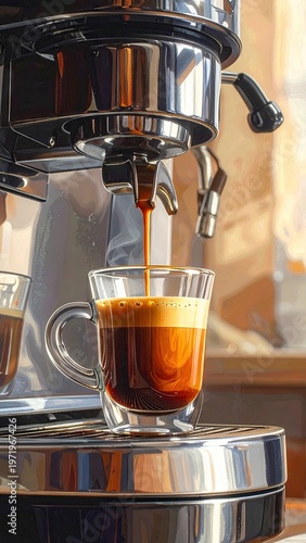 Espresso machine dispensing freshly brewed coffee into a glass