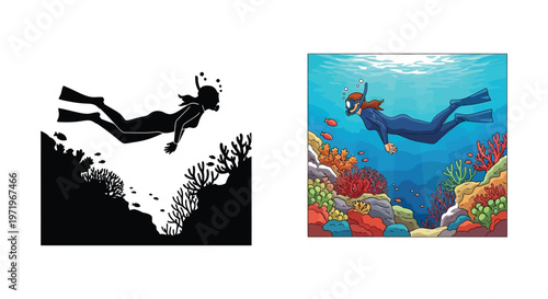 Diver exploring a coral reef contrasted with a black silhouette