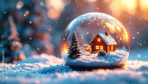 A glowing, miniature cabin within a snow globe, sparkling winter lights
