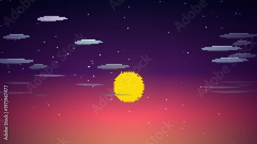 Pixel art sunset with yellow sun and clouds, retro 8-bit style sky, digital illustration, gaming aesthetic, atmospheric background
