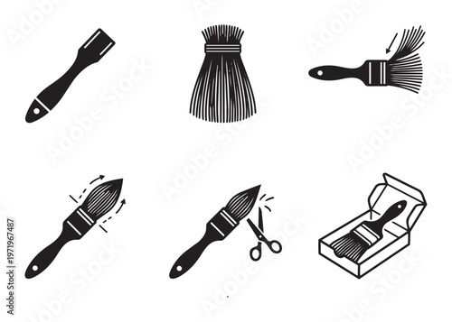 Professional paintbrush manufacturing steps including bristle binding trimming and packaging icons.