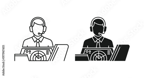 Two customer service representatives with headsets and laptops black silhouette