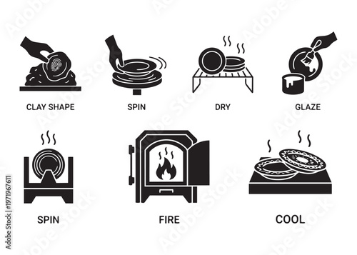 Pottery making process vector illustration showing stages from clay shaping to final cooling.