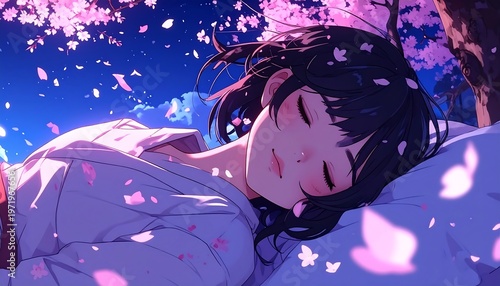 Anime girl sleeps peacefully under a cherry blossom tree with pink petals falling under a blue nighttime sky
