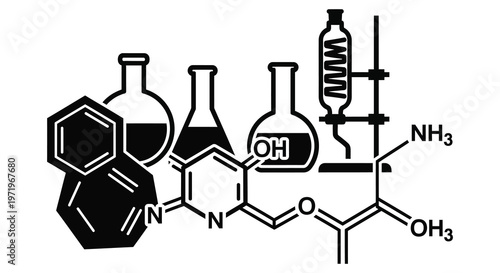 Chemistry equipment and molecular structures displayed in a stark black silhouette