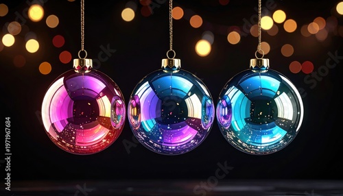 Three shiny, colorful ornaments hang before twinkling background lights