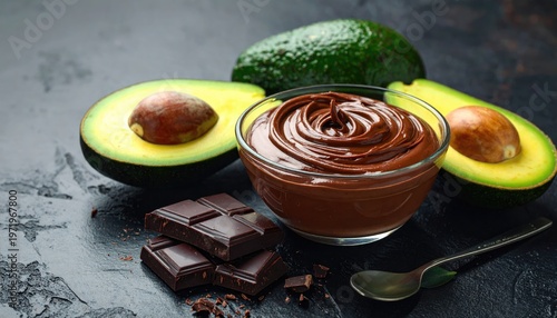 Rich chocolate pudding in bowl, avocados, chocolate bars, spoon, dark background
