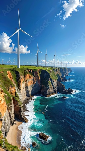 Wind turbines on cliffside overlooking ocean, with blue sky