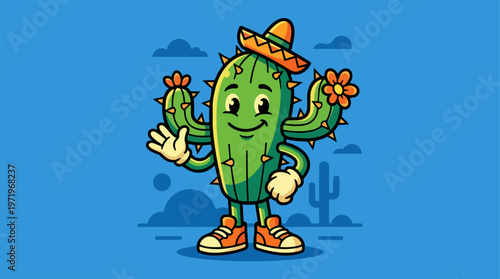 Cactus Cartoon Character Wearing Hat.