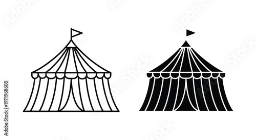 Two circus tents depicted in a simple contrasting black and white silhouette