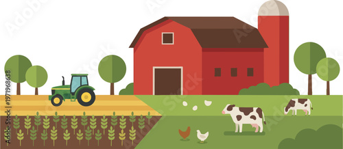 Farm with cows and tractor.