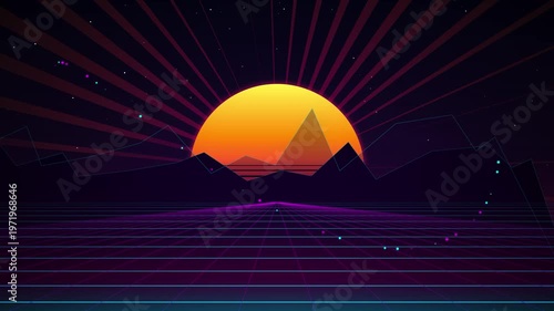Retro pixel sun setting over mountains and digital grid landscape, synthwave aesthetic, vibrant neon colors, abstract 80s vaporwave background, digital art