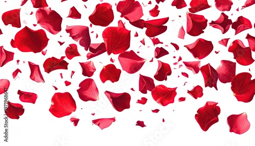 Crimson petals falling against a stark white backdrop
