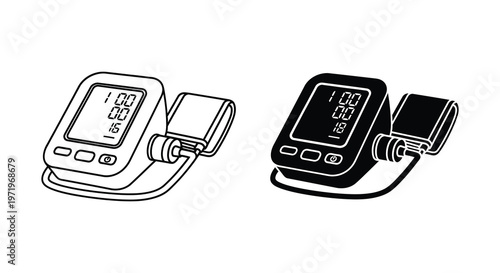 Two digital blood pressure monitors shown in a black outline silhouette