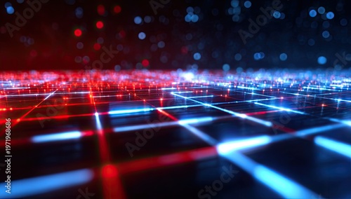 Abstract glowing grid with red and blue lights, digital, futuristic
