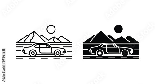 Two variations of a classic car scene against mountains silhouette